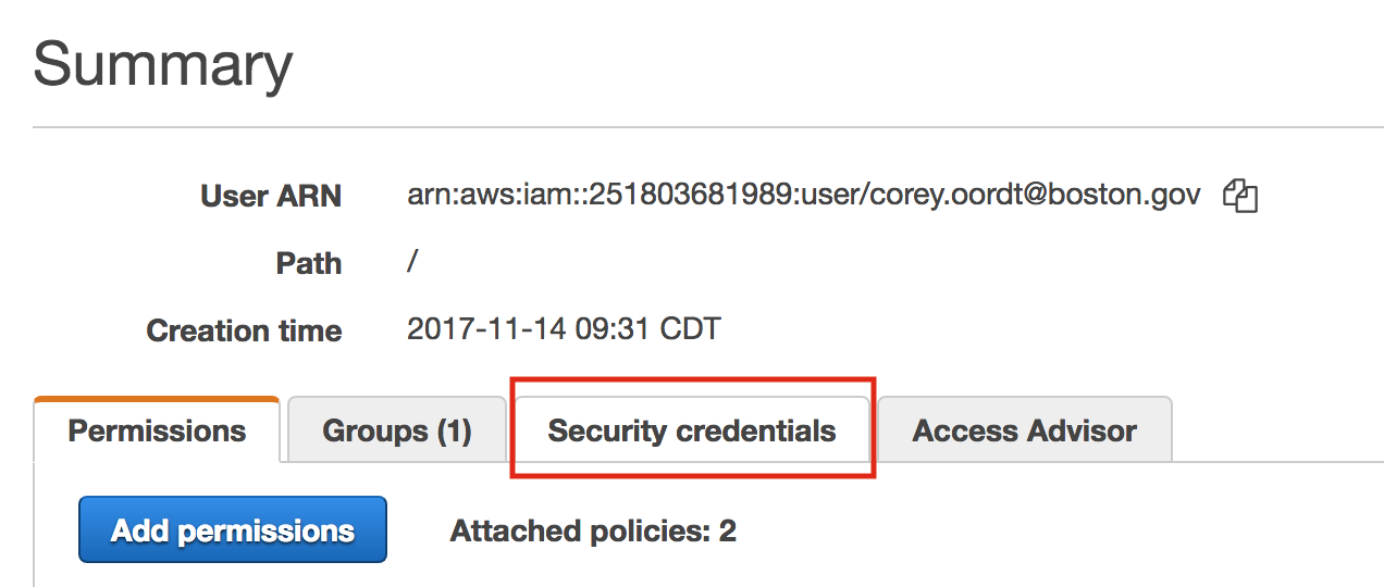 The IAM User's security credentials tab